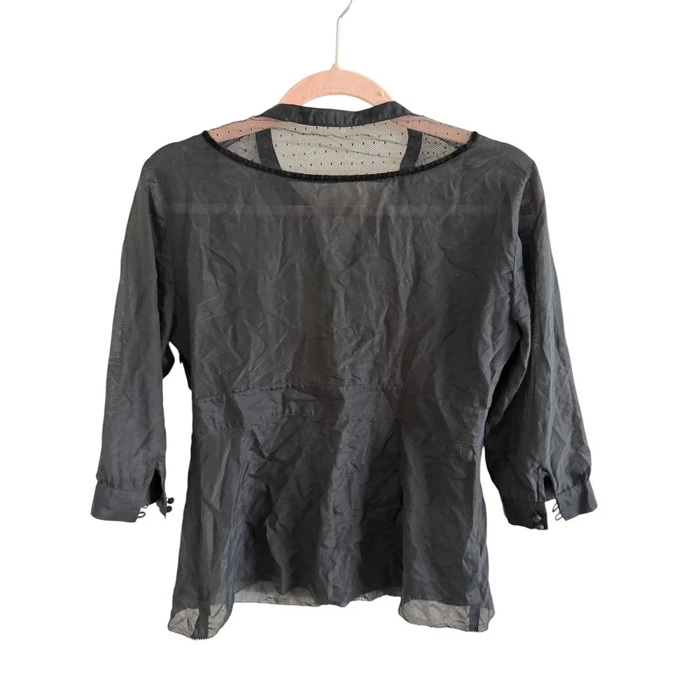 J.Crew Black Silk Cotton Blouse Size 4 Sheer Mesh Lace Detail - Picture 4 of 5